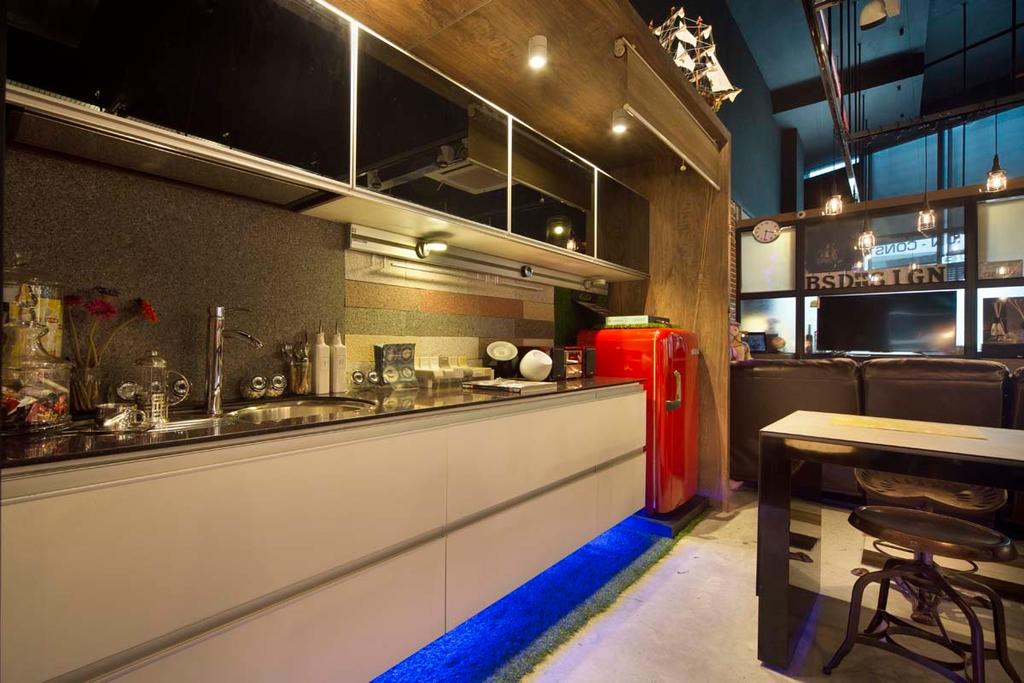 Boon Siew D'sign Showroom, Commercial, Interior Designer, Boonsiew D'sign, Industrial, Fridge, White Kitchen Cabinets, Panry, Tables, Diner, Food, Meal, Restaurant