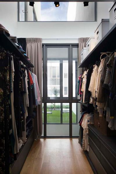 Pavillion Circle, Boonsiew D'sign, Contemporary, Bedroom, Landed, Walk In Wardrobe, Wood Floor, Shelving, Glass Window, Curtains, Window, Closet, Furniture, Wardrobe