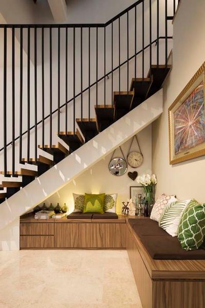 Pavillion Circle, Boonsiew D'sign, Contemporary, Living Room, Landed, Bench, Cushions, Stairs, Drawers, Storage, Clocks, Art Work, Banister, Handrail, Staircase, Flora, Jar, Plant, Potted Plant, Pottery, Vase, Furniture, Studio Couch