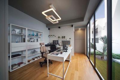 Pavillion Circle, Boonsiew D'sign, Contemporary, Study, Landed, Study Table, Glass Door, Wood Floor, Roller Chairs, Plants, Shelving, Glass Window, Flooring, Indoors, Office, Light Fixture, HDB, Building, Housing, Loft, Interior Design