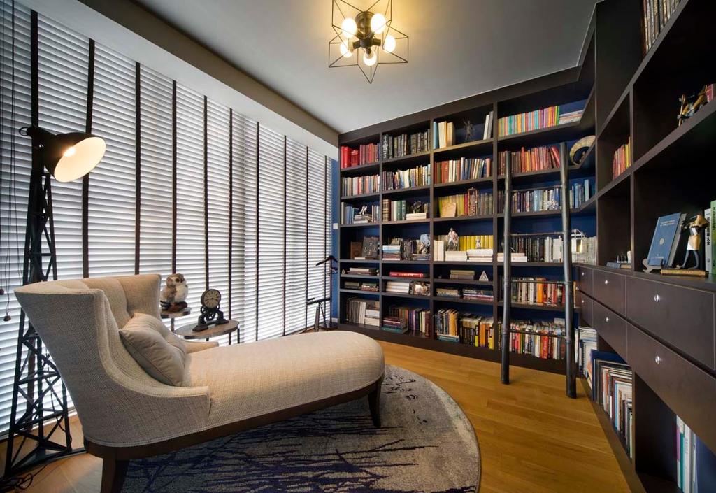 Contemporary, Landed, Study, Pavillion Circle, Interior Designer, Boonsiew D'sign, Blinds, Shelving, Bookshelves, Standing Lamp, Hanging Light, Chair, Furniture, Bookcase, Indoors, Interior Design, Library, Room