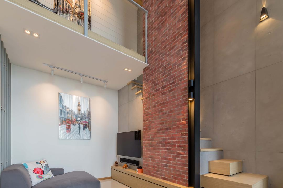 The Trilinq, Ciseern, Modern, Industrial, Living Room, Condo, High Ceiling, Tv Feature Wall, Feature Wall, HDB, Building, Housing, Indoors, Loft, Bedroom, Interior Design, Room, Brick
