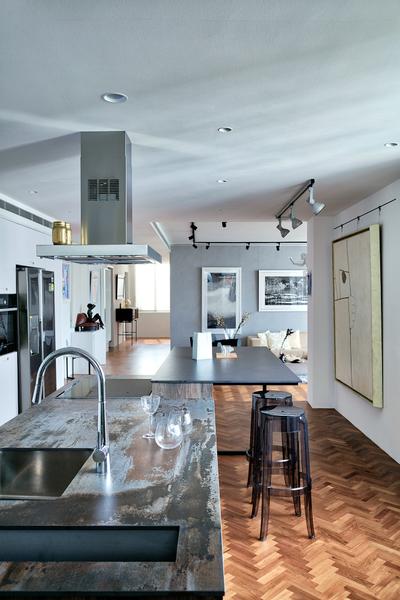 Jaya Tower, Free Space Intent, Industrial, Eclectic, Kitchen, Condo, Dining Room, Indoors, Interior Design, Room, Lamp, Table Lamp, Dining Table, Furniture, Table