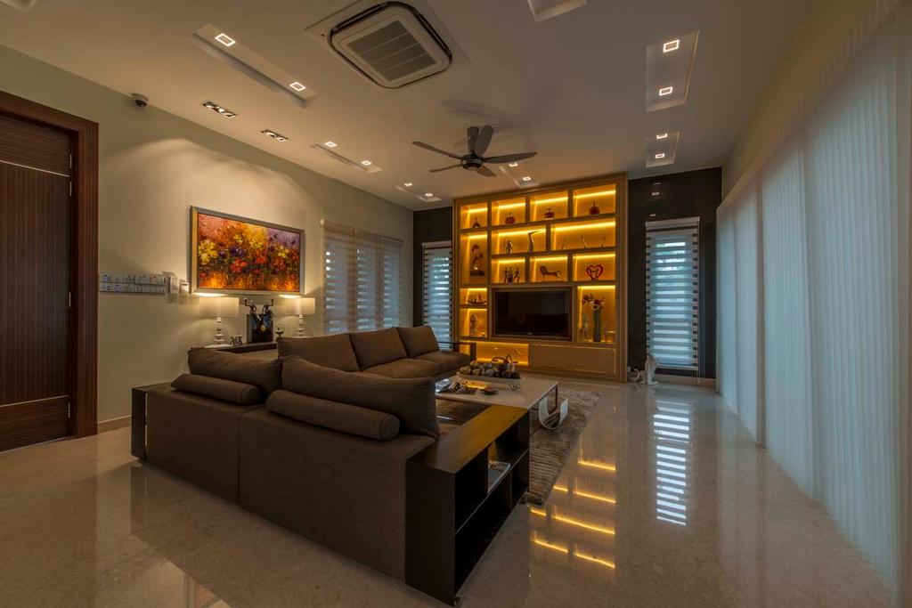 Transitional, Landed, Living Room, Yunnan Crescent (Block 124), Interior Designer, Posh Living Interior Design, Sofa, Brown Coffee Table, Downlights, Mini Ceiling Fan, Tv, Tv Console, Couch, Furniture, Appliance, Electrical Device, Oven