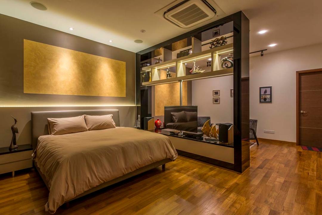 Yunnan Crescent (Block 124), Posh Living Interior Design, Transitional, Bedroom, Landed, Parquet, Wood Floor, Bed, Headboard, Shelving, Downlight, Furniture, Flooring, Couch, Indoors, Room