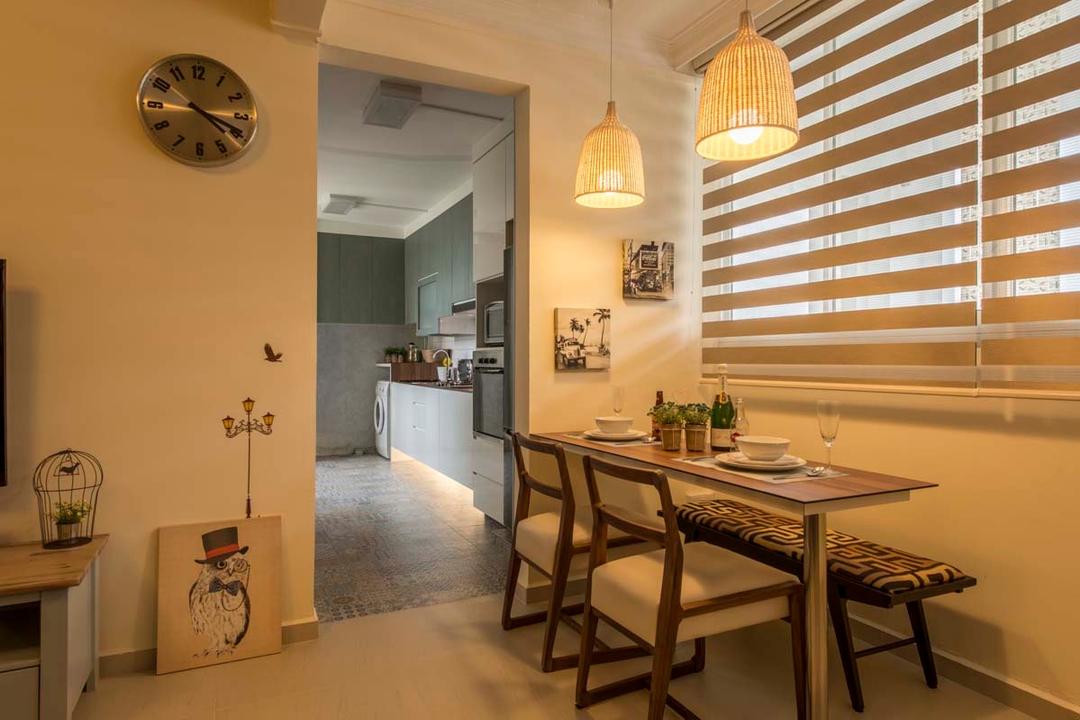 Simei Road (Block 157), Posh Living Interior Design, Scandinavian, Dining Room, HDB, Dining Tbale, Dining Bench, Dining Chairs, Blinds, Handing Lights, Dining Lights, Clock, Kitchen, Dining Table, Furniture, Table, Indoors, Interior Design, Room, Flooring, Bathroom