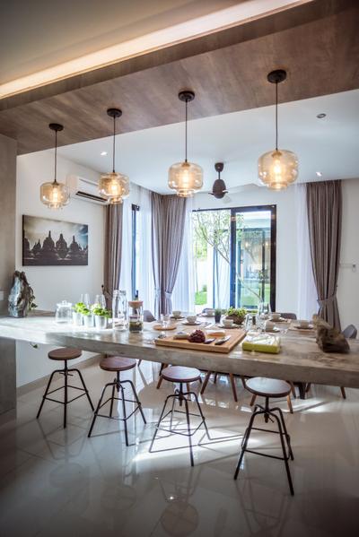The Enclave, Ipoh, Code Red Studio, Contemporary, Dining Room, Landed, Overhead Wooden Beam, Suspended Bar, Concrete Bar, Indoors, Interior Design, Room, Dining Table, Furniture, Table