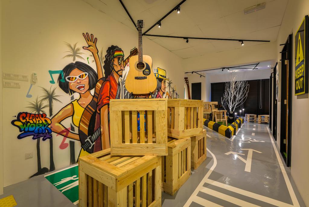 Yue Studio, Commercial, Interior Designer, Dot Works, Eclectic, Human, People, Person, Box, Crate, Guitar, Leisure Activities, Music, Musical Instrument, Indoors, Lobby, Room, Plywood, Wood, Art, Modern Art, Lumber