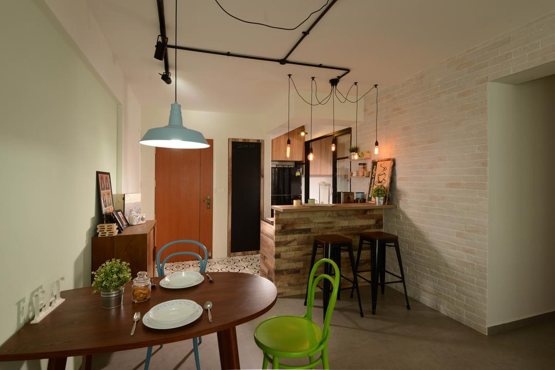 Punggol Walk, Meter Square, Retro, Dining Room, HDB, Braick Wall, Hanging Lights, Dining Table, Dining Chairs, Bar Counter, Hanging Lihgts, Sink, Chair, Furniture, Indoors, Interior Design, Room, Flora, Jar, Plant, Potted Plant, Pottery, Vase, Table, Building, Housing, Loft