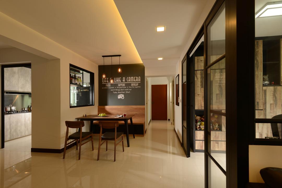 Yishun Street 51, Meter Square, Contemporary, Dining Room, HDB, Wall Art, Dining Lights, Dining Bench, Dining Table, Dining Chairs, Glass Doors, Tiles, Cove Light, Down Light, Furniture, Table, Blackboard, Flooring, Indoors, Interior Design, Room, Chair, Corridor