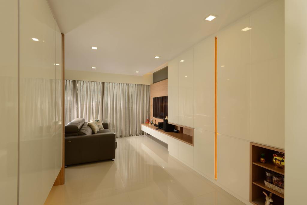 Contemporary, HDB, Living Room, Yuan Ching Road, Interior Designer, Meter Square, White, Tv Console, Tv, Feature Wall, Curtain, Sofa, Down Lights, Tiles, Indoors, Interior Design