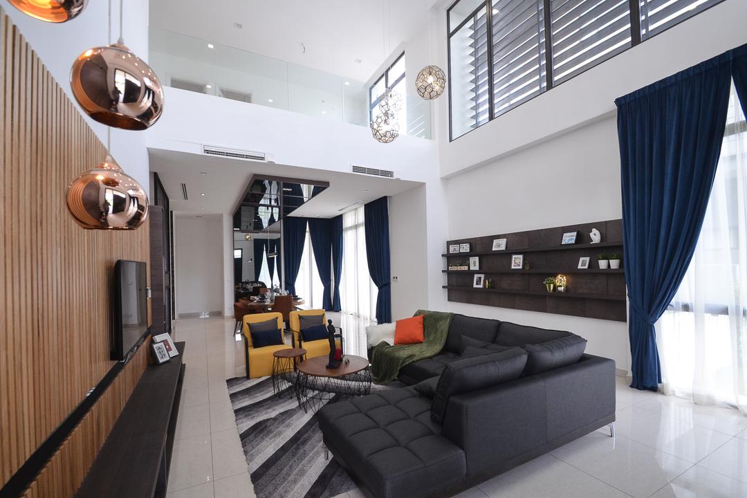 Long Branch Residence, Kota Kemuning, Zyon Studio Sdn. Bhd., Contemporary, Living Room, Landed, Couch, Furniture, Curtain, Home Decor, Apartment, Building, Housing, Indoors, Loft, Room