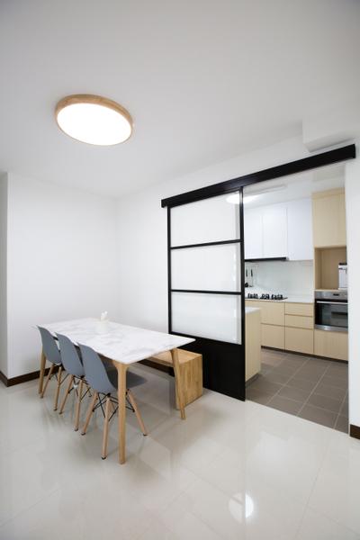 Jalan Tenteram, Azcendant, Modern, Dining Room, HDB, Appliance, Electrical Device, Oven, Door, Sliding Door, Chair, Furniture, Dining Table, Table, White Board