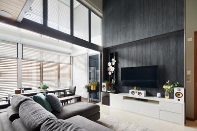 Urban Oasis, Black N White Haus, Contemporary, Living Room, Condo, Balcony, Tv Feature Wall, Tv Console, High Ceiling, Louvres