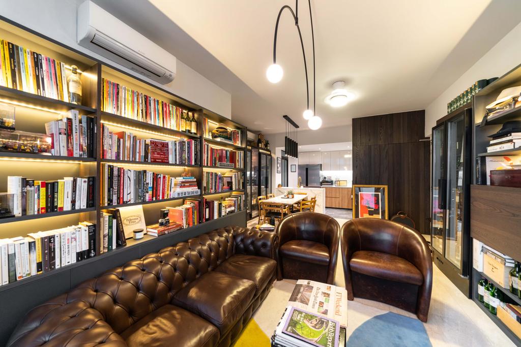 Modern, Condo, Living Room, Jalan Mutiara, Interior Designer, Fineline Design, Bookcase, Chesterfield, Leather Sofa, Armchair, Mid Century