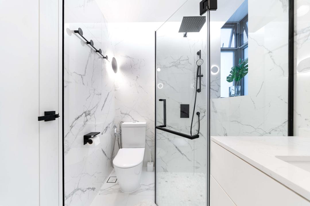 Jalan Mutiara, Fineline Design, Modern, Bathroom, Condo, Marbled Wall, Marble, Shower Stall, Shower Cubicle