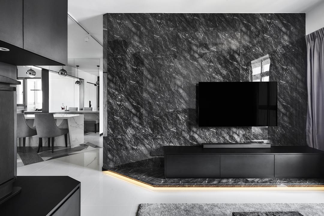 St. George's Lane, Third Avenue Studio, Contemporary, Living Room, HDB, Monotone, Black And White, Monochrome, Marble, Feature Wall