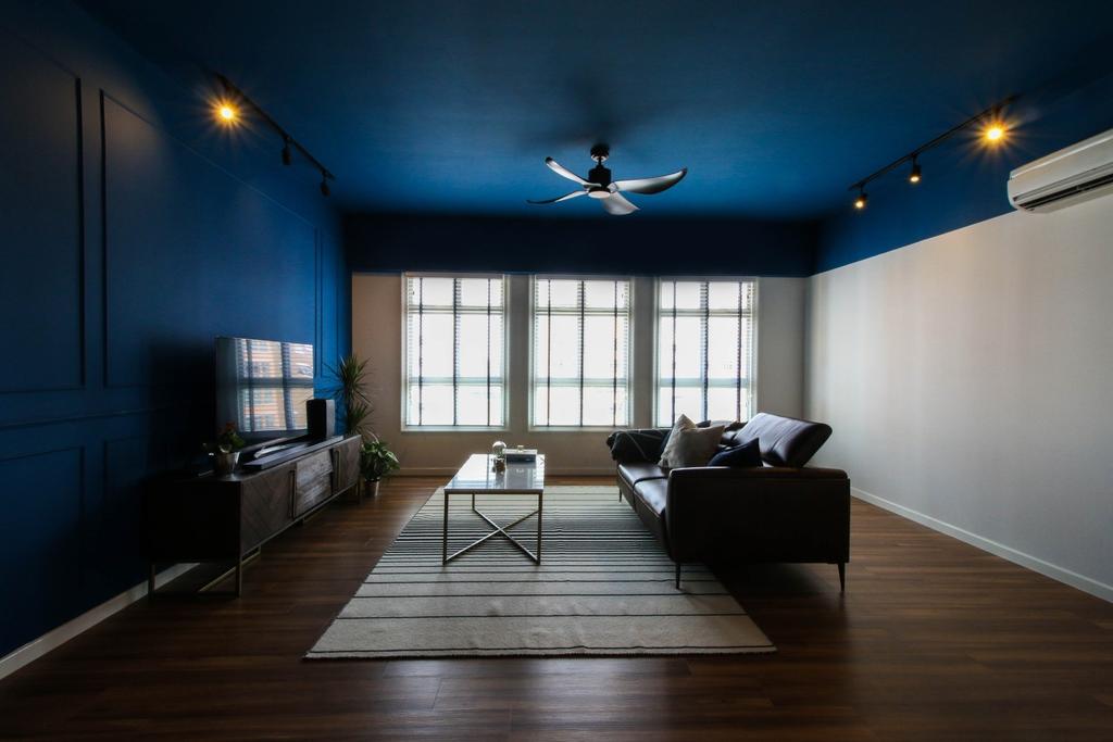 Contemporary, HDB, Living Room, Canberra Walk, Interior Designer, Carpenters 匠, Blue, Tv Feature Wall, Ceiling Accent, Feature Wall