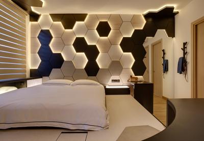 Belgravia Villas, The Design Practice, Contemporary, Bedroom, Landed, Tv Feature Wall, Honeycomb Tiles, Wall Light, Lighted Wall, Feature Wall