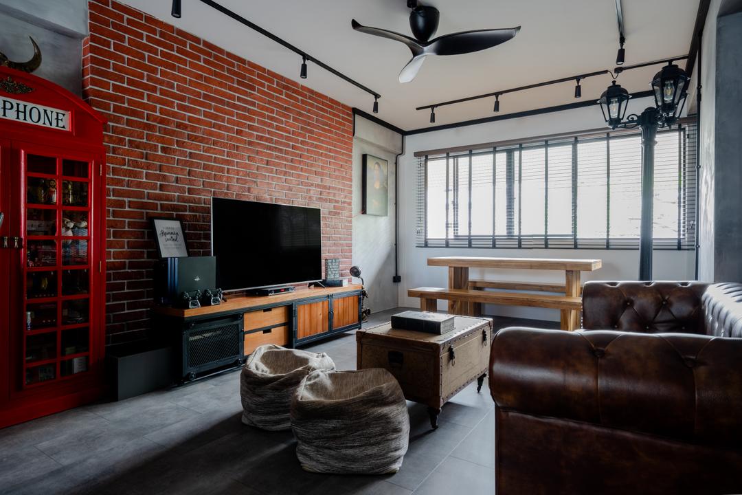 Serangoon Central, Inizio Atelier, Industrial, Living Room, HDB, Red Brick Wall, Tv Feature Wall, Feature Wall