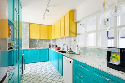 Lengkok Tiga, Black N White Haus, Vintage, Kitchen, HDB, Blue, Yellow, Turquoise