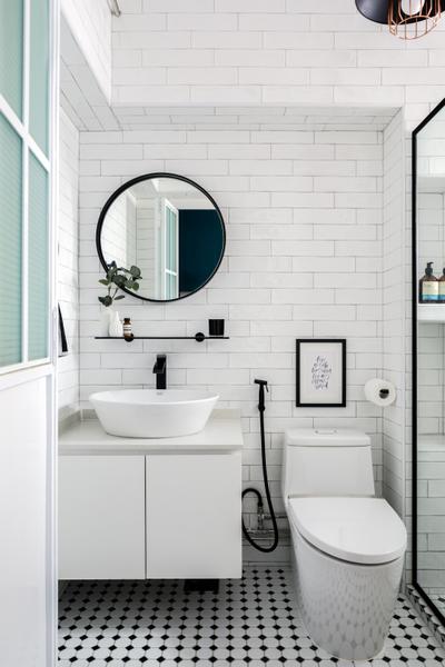 Sengkang East Way, Jialux Interior, Contemporary, Bathroom, HDB, All White, Black And White, Monochrome