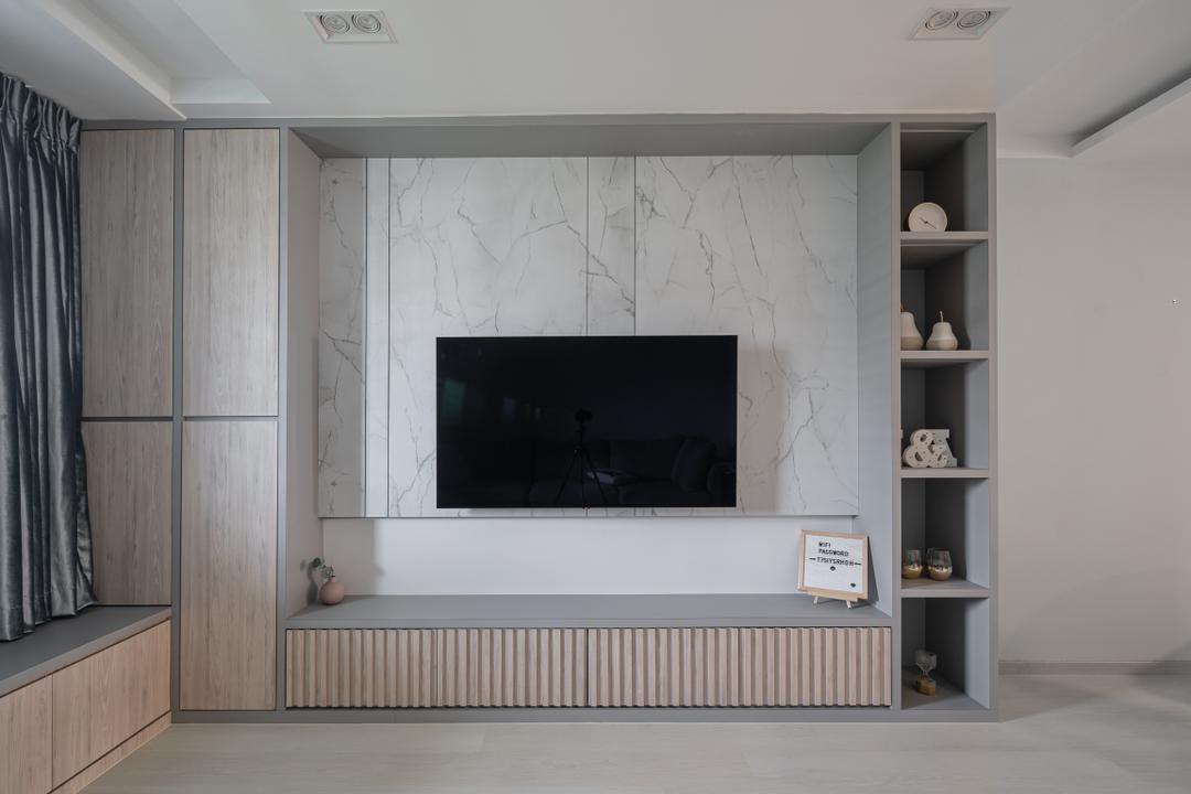 Eunos Crescent, Key Concept, Contemporary, Living Room, HDB, Tv Console, Feature Wall