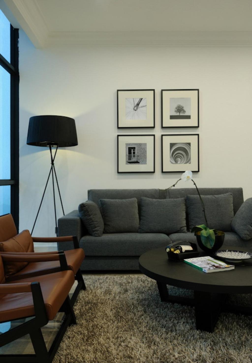 Modern, Condo, Living Room, Regent Heights, Interior Designer, Icon Interior Design, Sofa, Armchair, Leather, Chair, Table, Brown Coffee Table, Rug, Standing Lamp, White, Couch, Furniture, Flora, Jar, Plant, Potted Plant, Pottery, Vase, Cushion, Headrest, Home Decor, Lamp, Lampshade