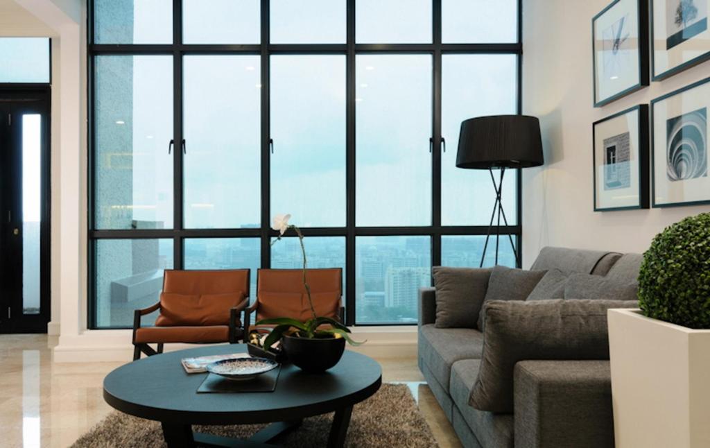 Modern, Condo, Living Room, Regent Heights, Interior Designer, Icon Interior Design, Full Length Window, Standing Lamp, Sofa, Armchair, Leather, Table, Rug, Brown Coffee Table, Plants, Couch, Furniture, Indoors, Interior Design, Room, Flora, Jar, Plant, Potted Plant, Pottery, Vase, Fence, Hedge, Chair