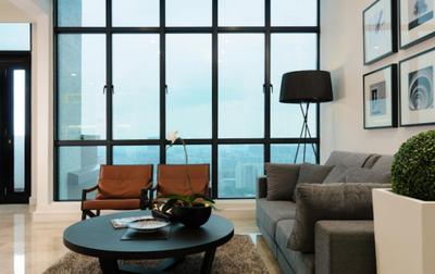 Regent Heights, Icon Interior Design, Modern, Living Room, Condo, Full Length Window, Standing Lamp, Sofa, Armchair, Leather, Table, Rug, Brown Coffee Table, Plants, Couch, Furniture, Indoors, Interior Design, Room, Flora, Jar, Plant, Potted Plant, Pottery, Vase, Fence, Hedge, Chair