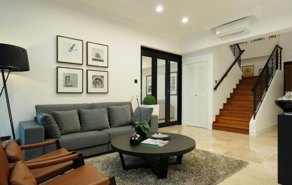 Modern, Condo, Living Room, Regent Heights, Interior Designer, Icon Interior Design, Stairs, Staircase, Rug, Table, Standing Lamp, Sofa, Brown Coffee Table, Railing, Balustrade, Pedestal, Display Pedestal, Folding Doors, White Marble Floor, Couch, Furniture