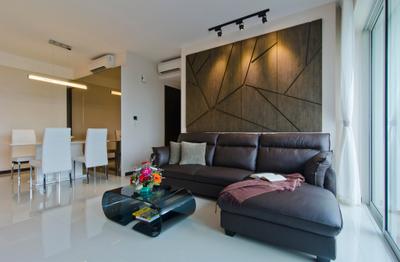 Tanah Merah Kecil, Ideal Design Interior, Modern, Living Room, Condo, Sofa, Track Lighting, Mobile Sculpture, Geometric, Brown Coffee Table, Table, Chair, Mirror, Hanging Light, White Marble Floor, Plants, White