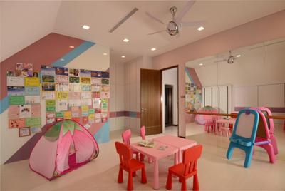 Frankel Avenue, The Orange Cube, Modern, Study, Landed, Colourful, Kids, Kids Room, Mini Ceiling Fan, Mirror, Full Length Mirror, Stripes, Striped Wall, Pastel Tones, Pastel, Pink, Dining Table, Furniture, Table, Chair, Dining Room, Indoors, Interior Design, Room