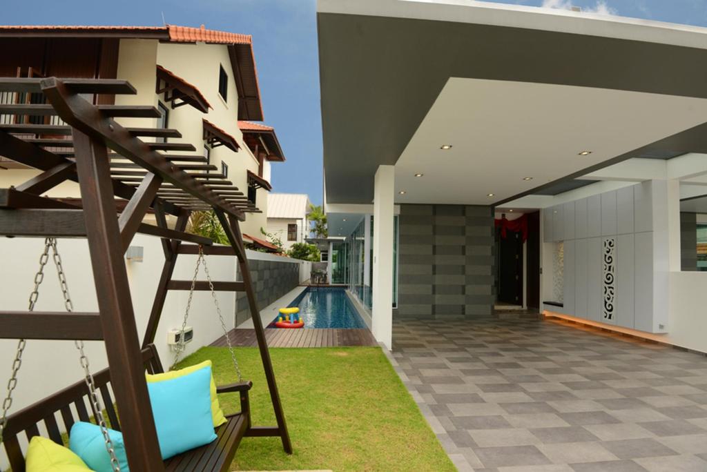 Modern, Landed, Balcony, Frankel Avenue, Interior Designer, The Orange Cube, Outdoor, Exterior, Tile, Tiles, Swimming Pool, Chair, Hanging Chair, Swing, Cushions, Grey, Columns, Deck Flooring, Toy, Building, House, Housing, Villa