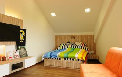 Butterfly Avenue, Icon Interior Design, Traditional, Bedroom, Landed, Kids, Kids Room, Parquet, Slanted Ceiling, Tv Console, Wood, Laminates, Wood Laminate, Sofa, Chair, Parquet Wall, Night Stand, Side Table, Table, Wall Mounted Table, Bed, Furniture, Indoors, Interior Design, Room, Flooring