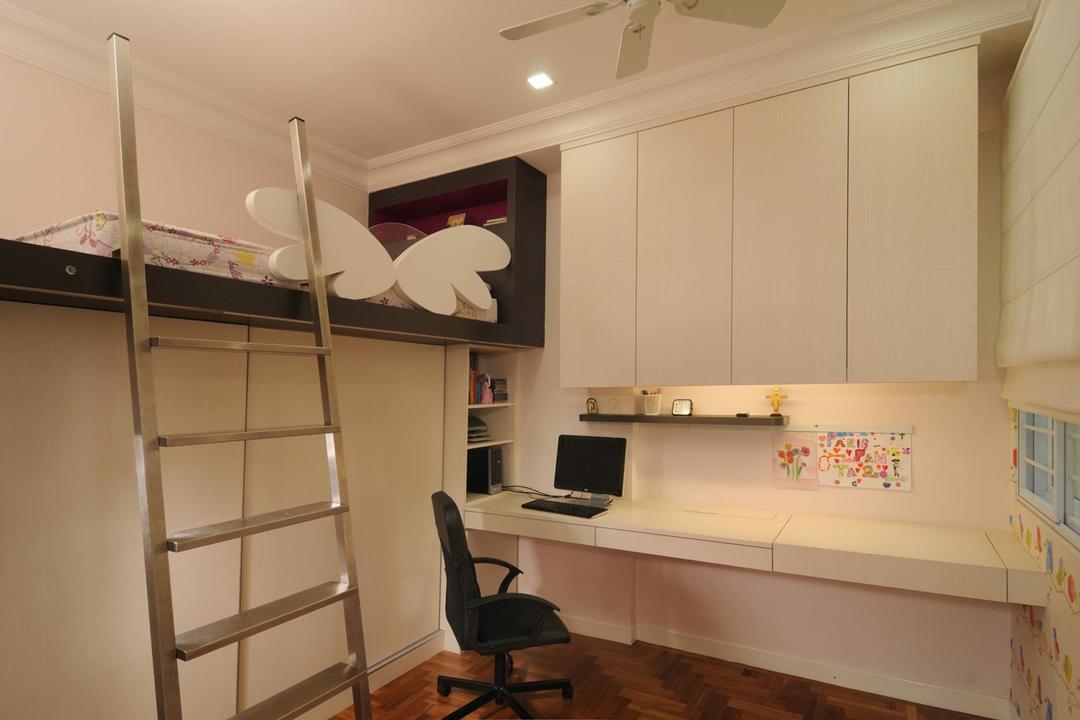 Tanjong Rhu, The Orange Cube, Modern, Bedroom, Condo, Bunkbed, Ladder, Table, Cabinet, Parquet, Shelf, Shelves, Wallpaper, Kids, Kids Room, Molding