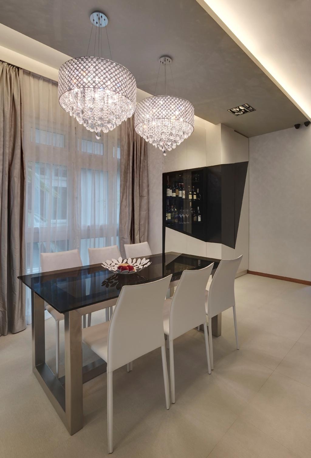 Modern, Condo, Dining Room, Springleaf Crescent, Interior Designer, The Design Practice, Hanging Light, Lighting, Pendant Light, Dining Table, Chair, Table, Concealed Lighting, False Ceiling, Curtains, Display Unit, Storage, Wine Cooler, Glass Table Top, Chandelier, White, Balcony