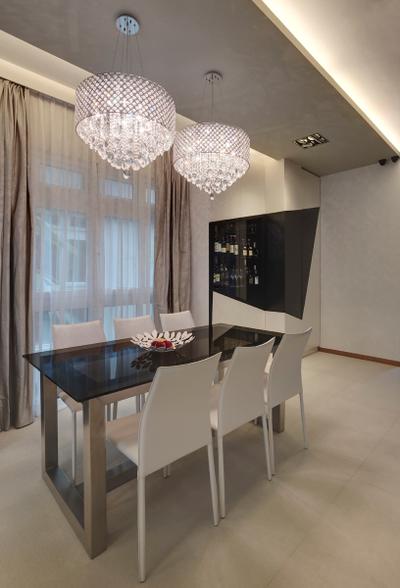 Springleaf Crescent, The Design Practice, Modern, Dining Room, Condo, Hanging Light, Lighting, Pendant Light, Dining Table, Chair, Table, Concealed Lighting, False Ceiling, Curtains, Display Unit, Storage, Wine Cooler, Glass Table Top, Chandelier, White, Balcony