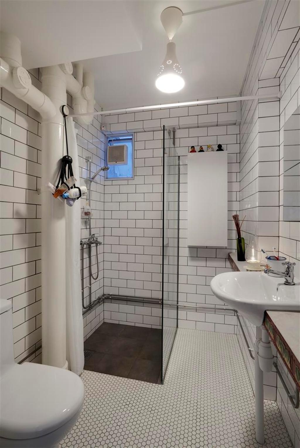 Eclectic, HDB, Bathroom, Ghim Moh, Interior Designer, The Design Practice, White Brick, Red Brick Wall, Glass Cubicle, Hanging Light, Lighting, Bathroom Counter, Cubicle, White, Monochrome, Indoors, Interior Design, Room