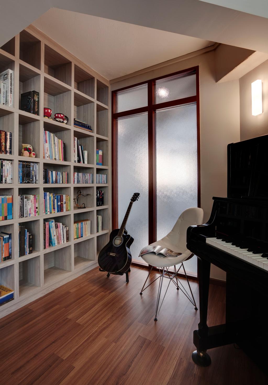 Scandinavian, HDB, Study, Hougang, Interior Designer, The Design Practice, Parquet, Chair, Bookcase, Cubbyhole, Storage, Piano, Guitar, Translucent Glass, Wall Lamp, Leisure Activities, Music, Musical Instrument, Furniture