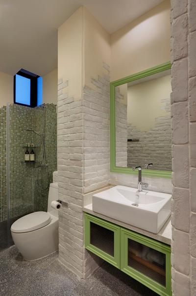 The Summit, The Design Practice, Contemporary, Bathroom, Condo, Green, White, Mirror, Red Brick Wall, White Brick, Mosaic Tiles, Mosaic, Bathroom Counter, Vessel Sink, Glass Cubicle, Beige, Stone Flooring, Indoors, Interior Design, Room, Hydrant