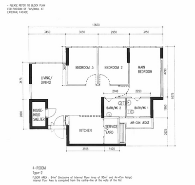 Hougang Street 32, Ataz Haus Interior Design, Contemporary, HDB, 4 Room Hdb Floorplan, 4 Room Type 2, Original Floorplan