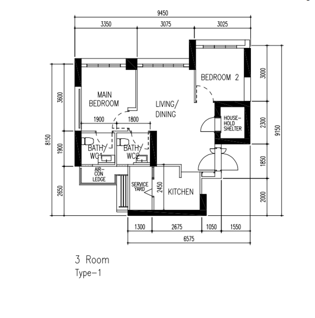 Scandinavian, HDB, Skyparc @ Dawson, Interior Designer, E&S, 3 Room Hdb Floorplan, 3 Room, Type 1, Original Floorplan