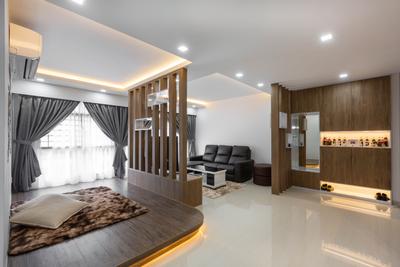 Sumang Walk, ID Gallery Interior, Contemporary, Living Room, HDB, Entrance, Foyer, Shoe Cabinet, Fluted Panels, Partition, Downlight, Raised Platform, False Ceiling, Cove Light