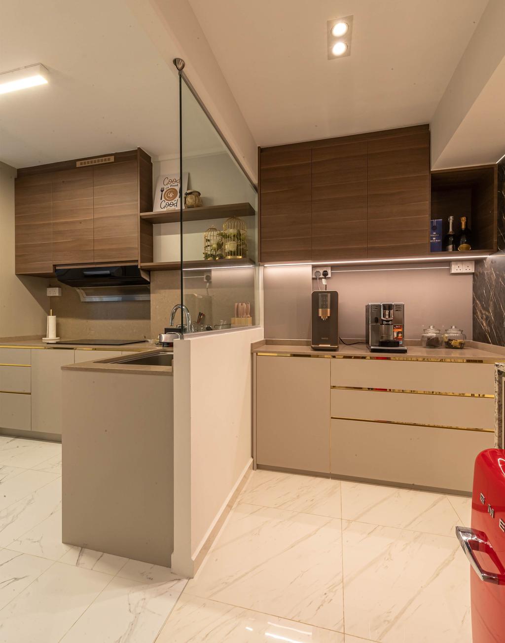 Contemporary, HDB, Kitchen, Pasir Ris Street 53, Interior Designer, Ciseern, Modern, Dry Kitchen, Downlight, Partition, Brown, Kitchen Cabinets