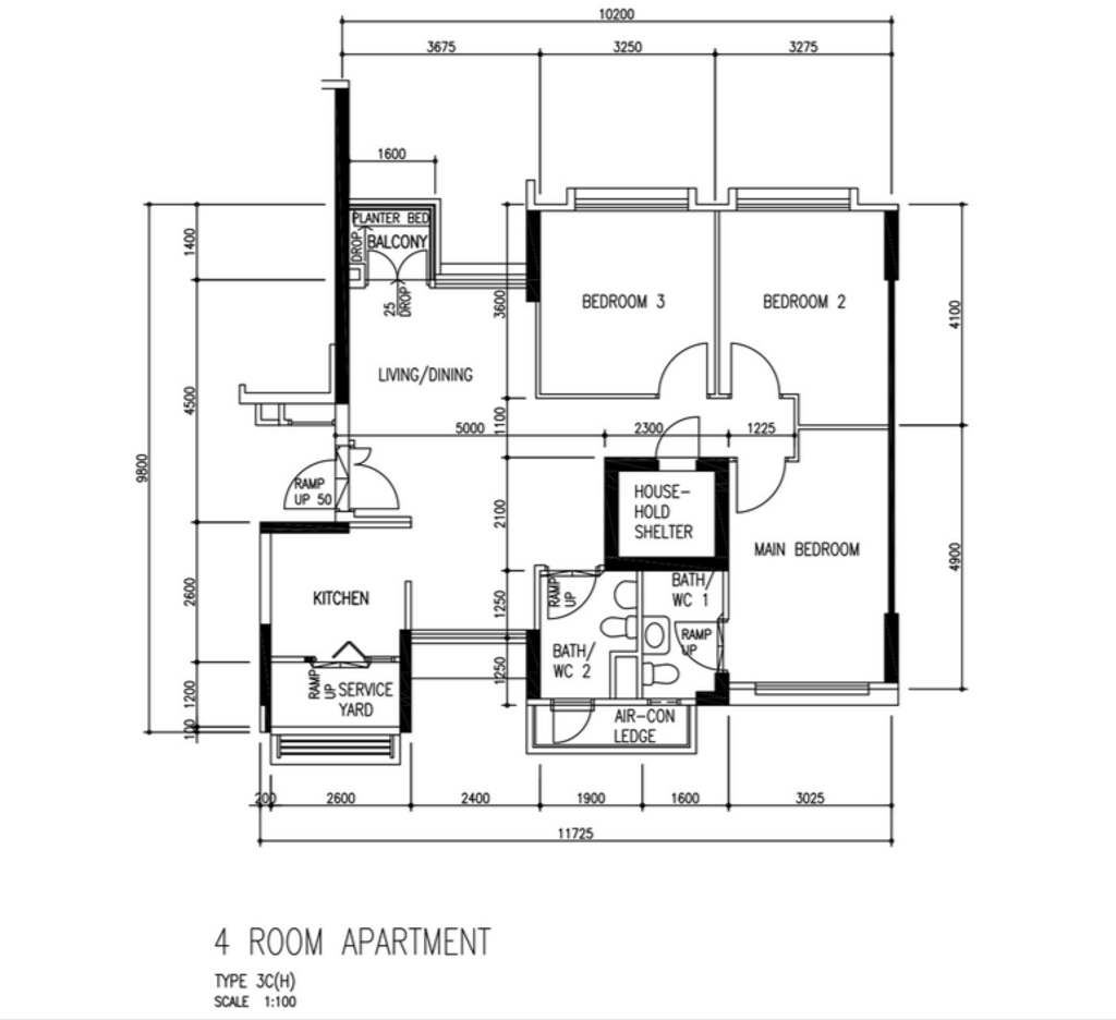 Scandinavian, HDB, Punggol Field, Interior Designer, Yang's Inspiration Design, 4 Room Hdb Floorplan, 4 Room Apartment, Type 3 C H, Original Floorplan