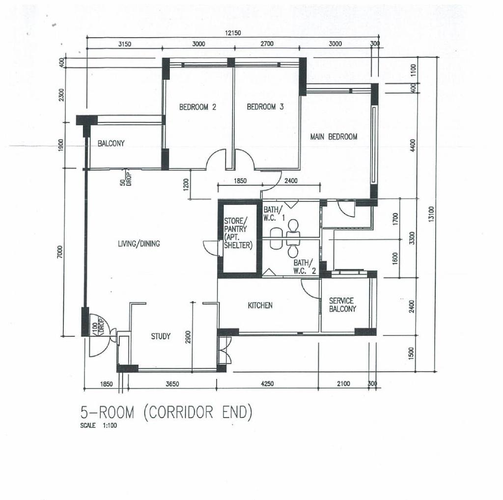 Modern, HDB, Woodlands Drive 16, Interior Designer, Design Story, 5 Room Hdb Floorplan, 5 Room Corridor End, Original Floorplan