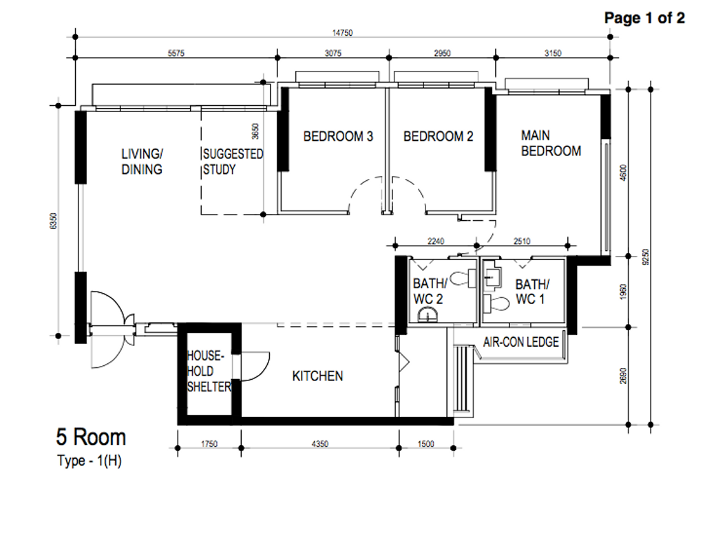Modern, HDB, West Plains @ Bukit Batok, Interior Designer, Swiss Interior Design, Scandinavian, 5 Room Hdb Floorplan, 5 Room Type 1 H, Original Floorplan