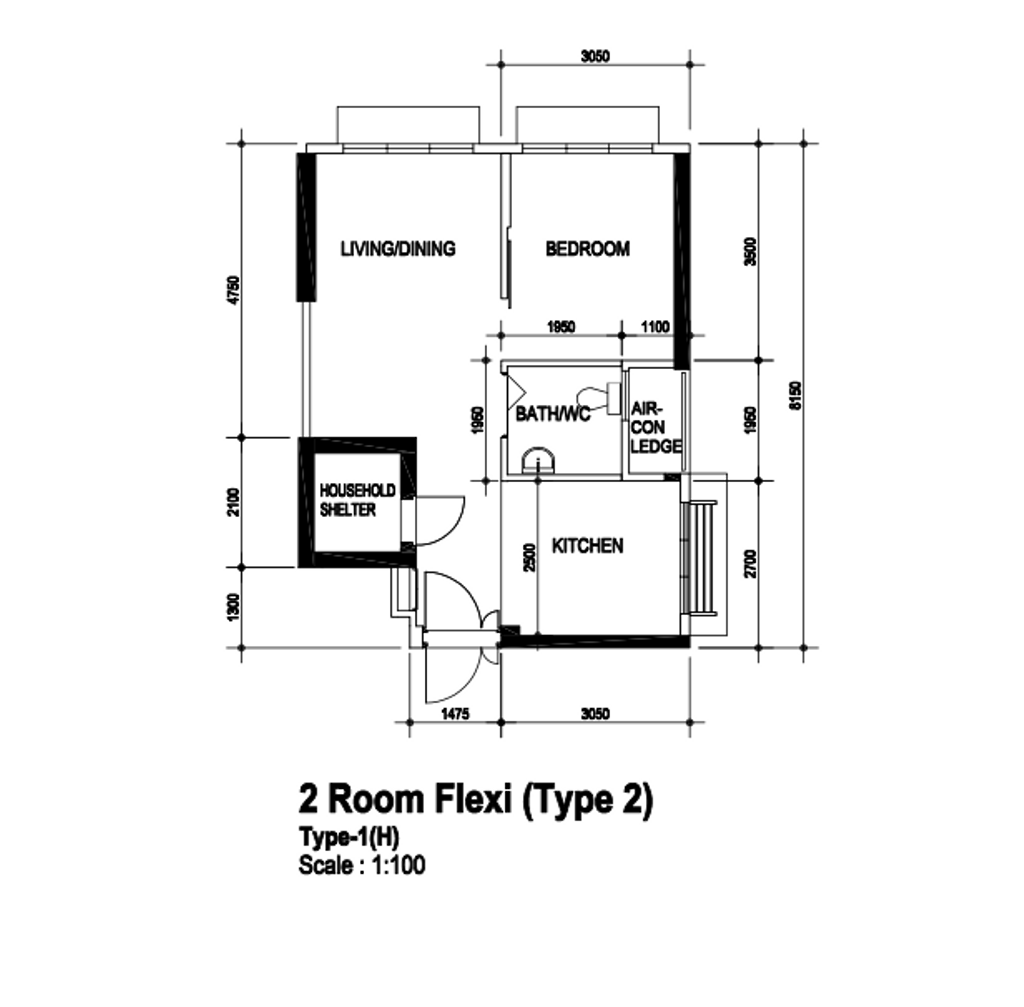 Contemporary, HDB, Northshore Drive, Interior Designer, Todz’Terior, 2 Room Hdb Floorplan, 2 Room Flexi Type 2, Type 1 H, Original Floorplan