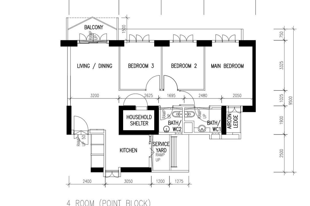 Skyville @ Dawson, Lite Design Collaborative, Contemporary, HDB, 4 Room Hdb Floorplan, 4 Room Point Block, Type A 1 H Base Option With Balcony Handed, Original Floorplan